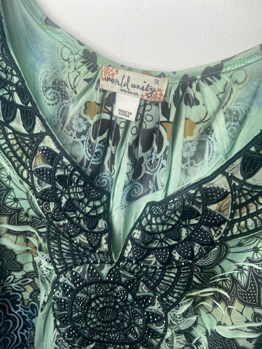 Mint Green Embroidered Lace-Up Boho Tunic Top - Picture 2 of 6